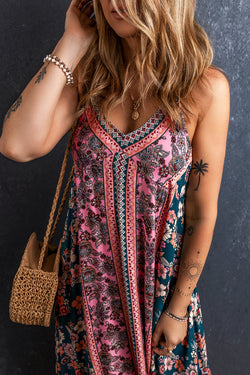 Bohemian pink floral print patchwork long summer dress