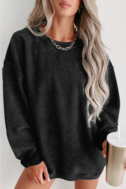 Black plain ribbed knit crew neck sweatshirt