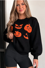 Black shoulder sweater and Halloween pumpkin face pattern