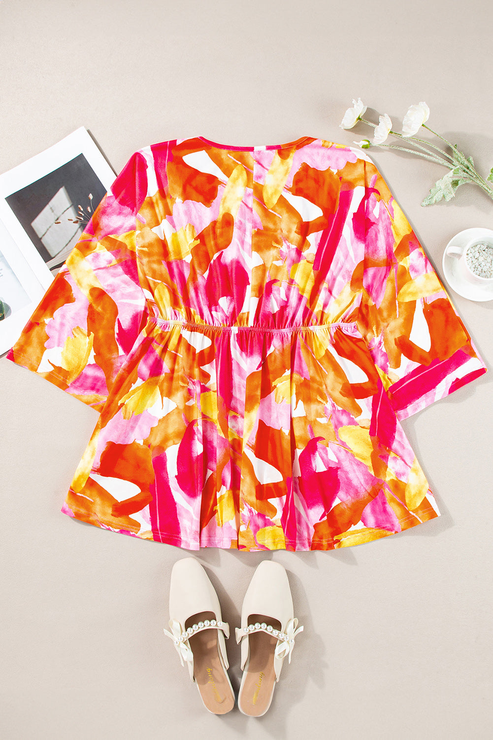 Chemisier babydoll orange à imprimé abstrait, manches 3/4, col en V, volants-A WOMAN WE LOVE