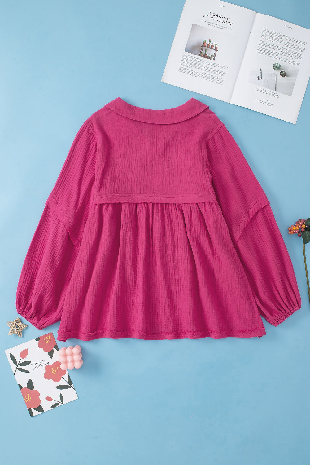 Rose Crinkle Carkared V-Ausschnitt Bubble Sleeve Fließende Bluse