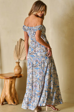 Blue Off Shoulder Paisley Print Bohemian Maxi Dress