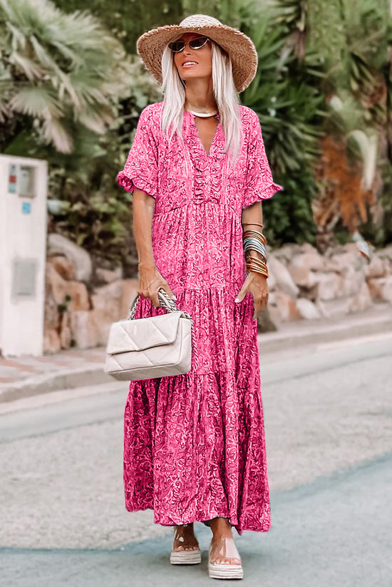 Vestido largo con volantes y varios niveles de estilo impresos en color rosa imprimido bohemio