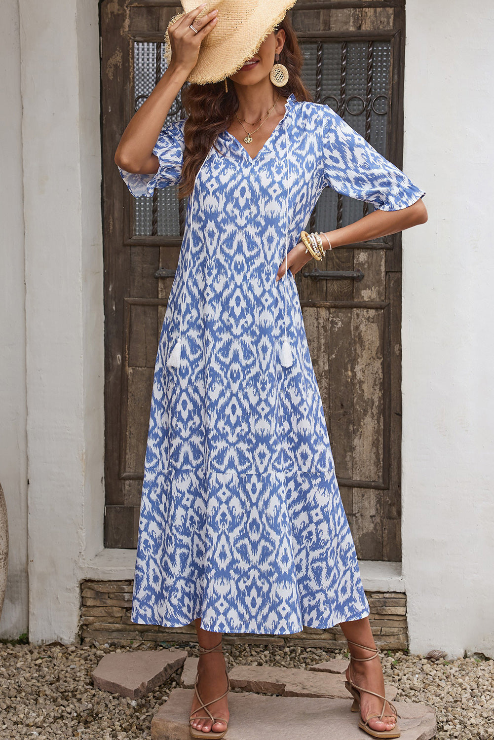 Sky Bleu V Neck Casual Casual Geometric Print Maxi Robe