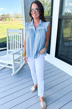 Sleeveless shirt with ruffle and ric rac blue sky border