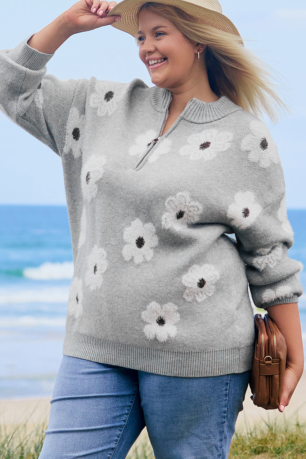 Pull Gris à Demi-Zip à Motif Floral Brodé Grande Taille