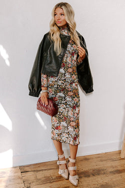 Mid-length dress with floral print and tight amount with long sleeve brown