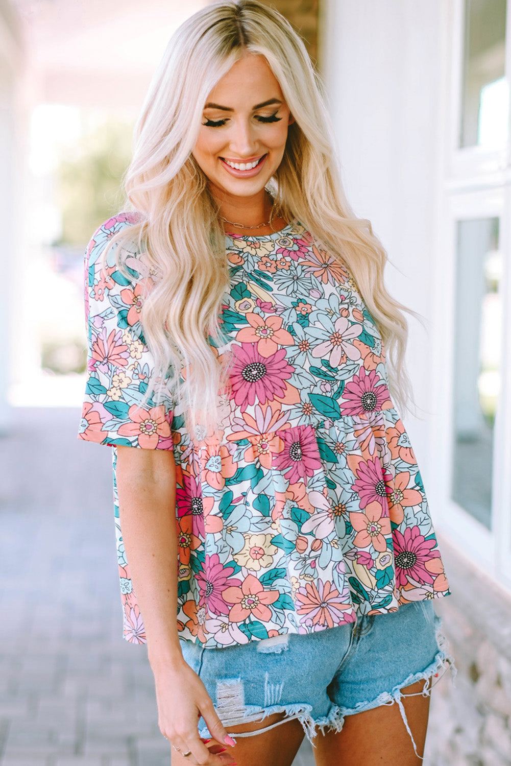 High fluid with short sleeves printed Bohemian multicolored flowers