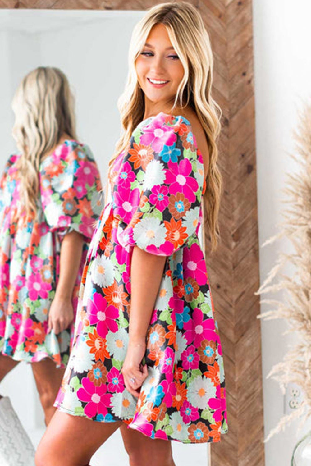 Pink floral print dress, square neck, short puff sleeves