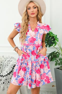 Ric Rac Notched V-Neck Floral Print Flutter Sleeve Pink Dress