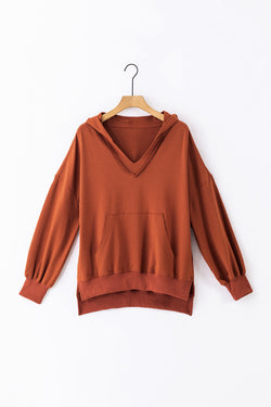 Oversized chestnut V-neck hoodie with kangaroo pocket