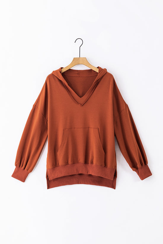 Oversized chestnut V-neck hoodie with kangaroo pocket