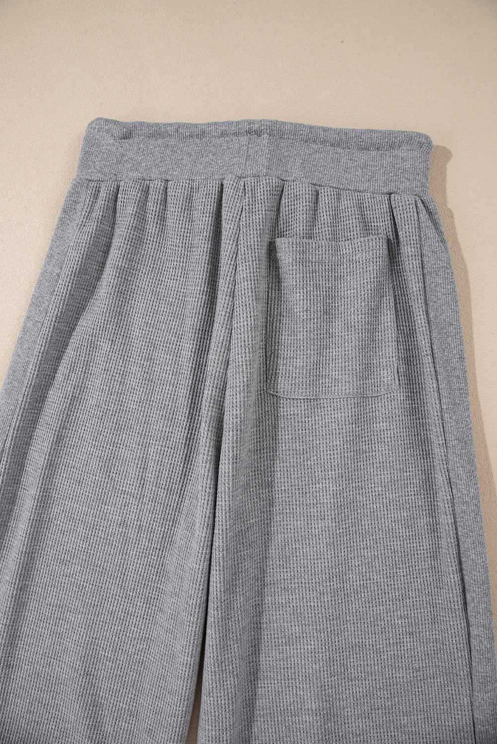 Gray Waffle Knit Drawstring High Waist Wide Leg Pants