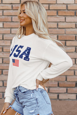 White sweatshirt with US flag motif and drawstring