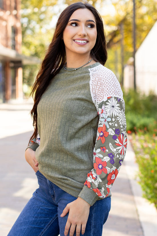 Long sleeve ribbed blouse and floral patchwork Laurel Green