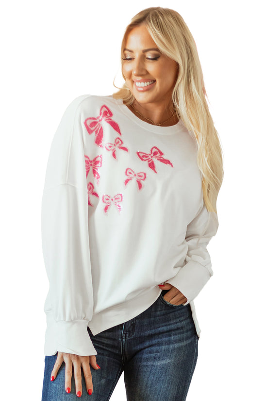 White Oversized Sequin Sweatshirt with Bow Tie, Top and Bottom