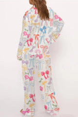 Ensemble de pyjama en satin à jambes larges et col à revers imprimé nœud papillon blanc-A WOMAN WE LOVE
