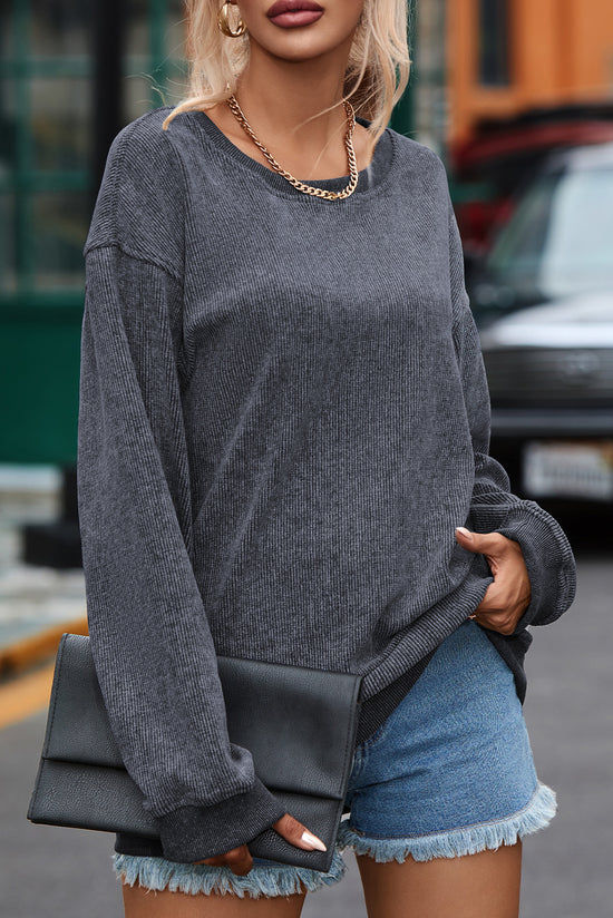 Solid gray ribbed knit crew neck sweatshirt