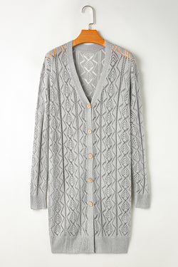 Cardigan long gris avec boutons ajourés sur le devant