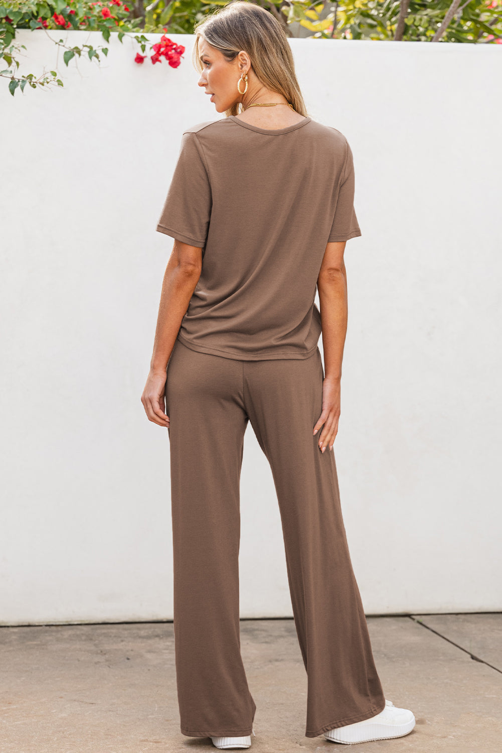 Ensemble 2 pièces t-shirt et pantalon à jambes larges de couleur unie gris fumée