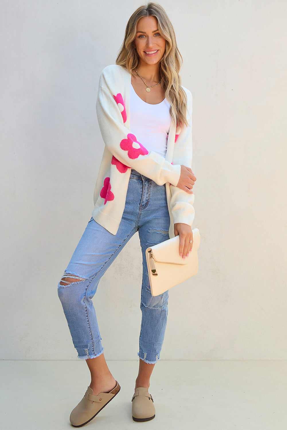 Open front cardigan with red pink flower pattern