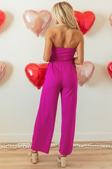 Combinaison rose vif sans bretelles à nœud papillon et jambe large-A WOMAN WE LOVE