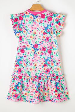 Multicolored floral print ruffled mini dress with flutter sleeves