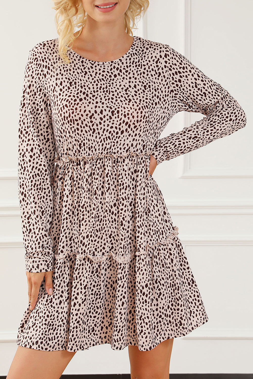 Robe à manches longues à volants et imprimé animal léopard