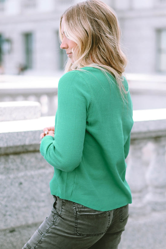 Green Waffle Knit Henley Top with Bound Neckline