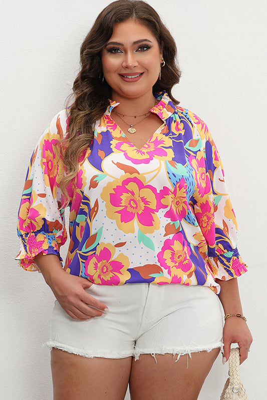 Rose rojo estampado floral dividido cuello manga hojaldre más blusa