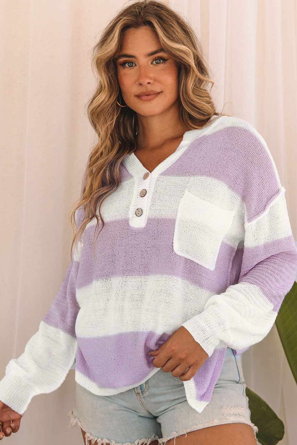 Pink Striped Strick Knopf Rippen geteiltes Nackenpullover