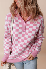 Pink sweater checkered and buttons, V -neck, drooping shoulders