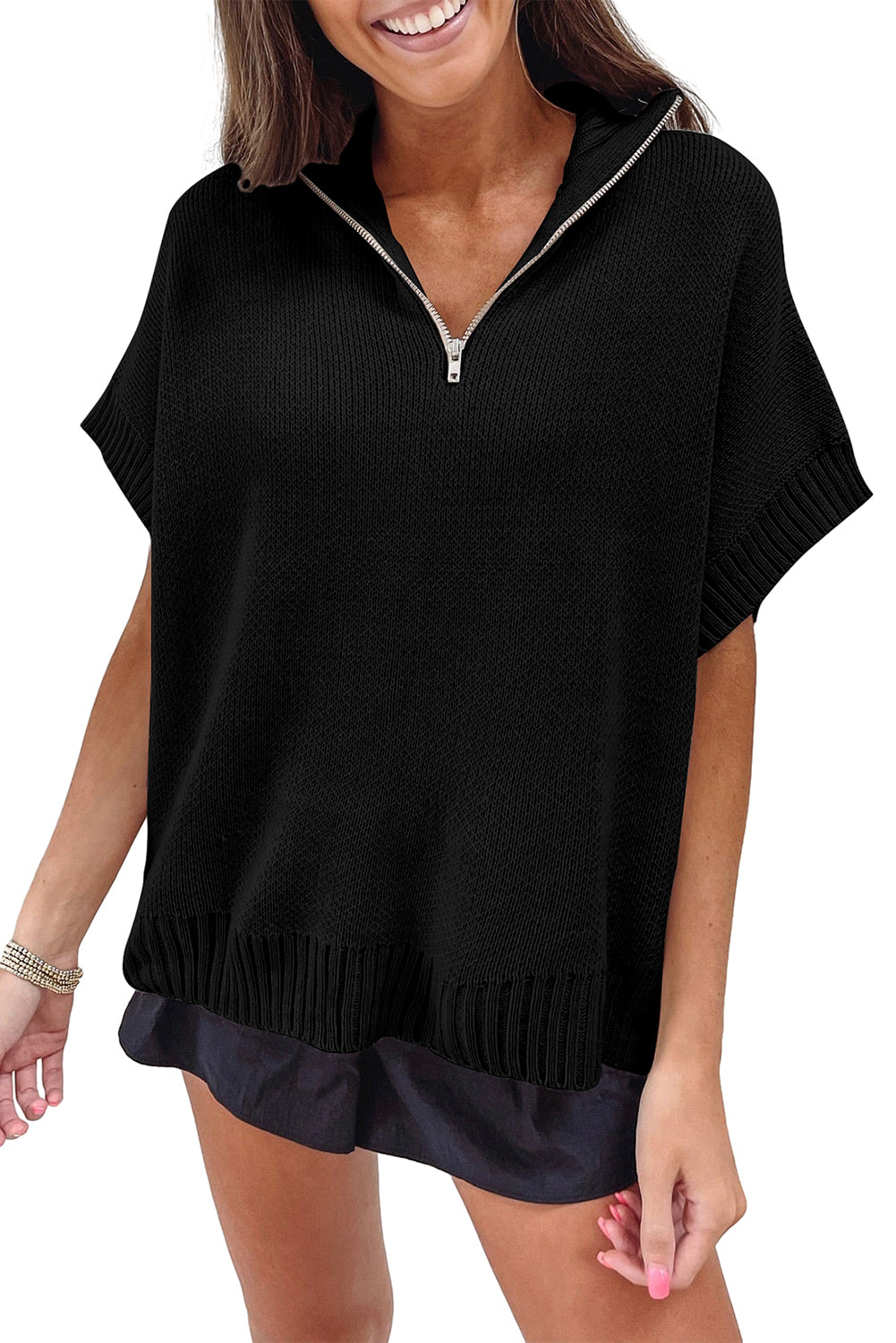 Black Quarter Zip Short Batwing Sweve Sweater