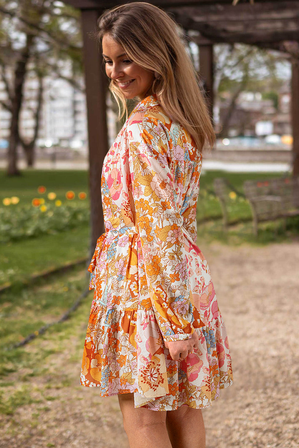 Yellow Floral High Waisted Buttoned Ruffled Mini Dress