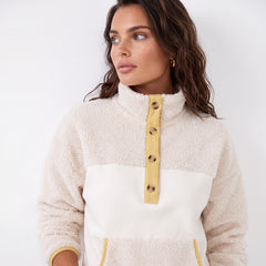 Sweat-shirt à col boutonné et poche en molleton beige avec bordure color block