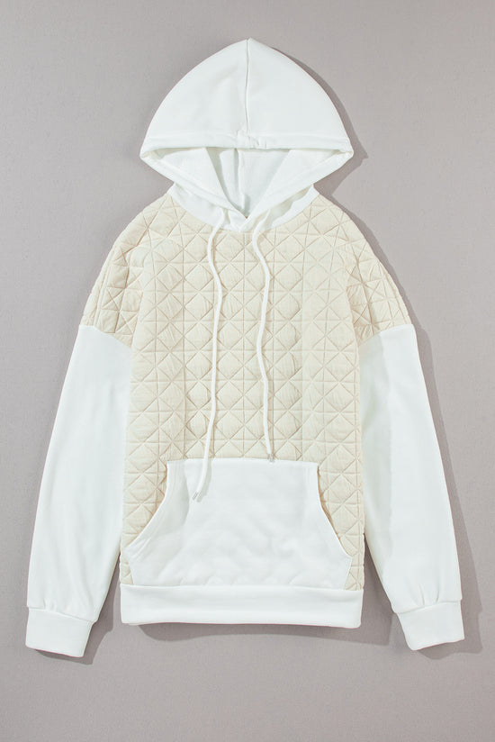 Beige hoodie with kangaroo pocket and quilted patchwork with dropped shoulders