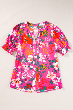 Puffy sleeve blouse and a split V -neck with pink floral print