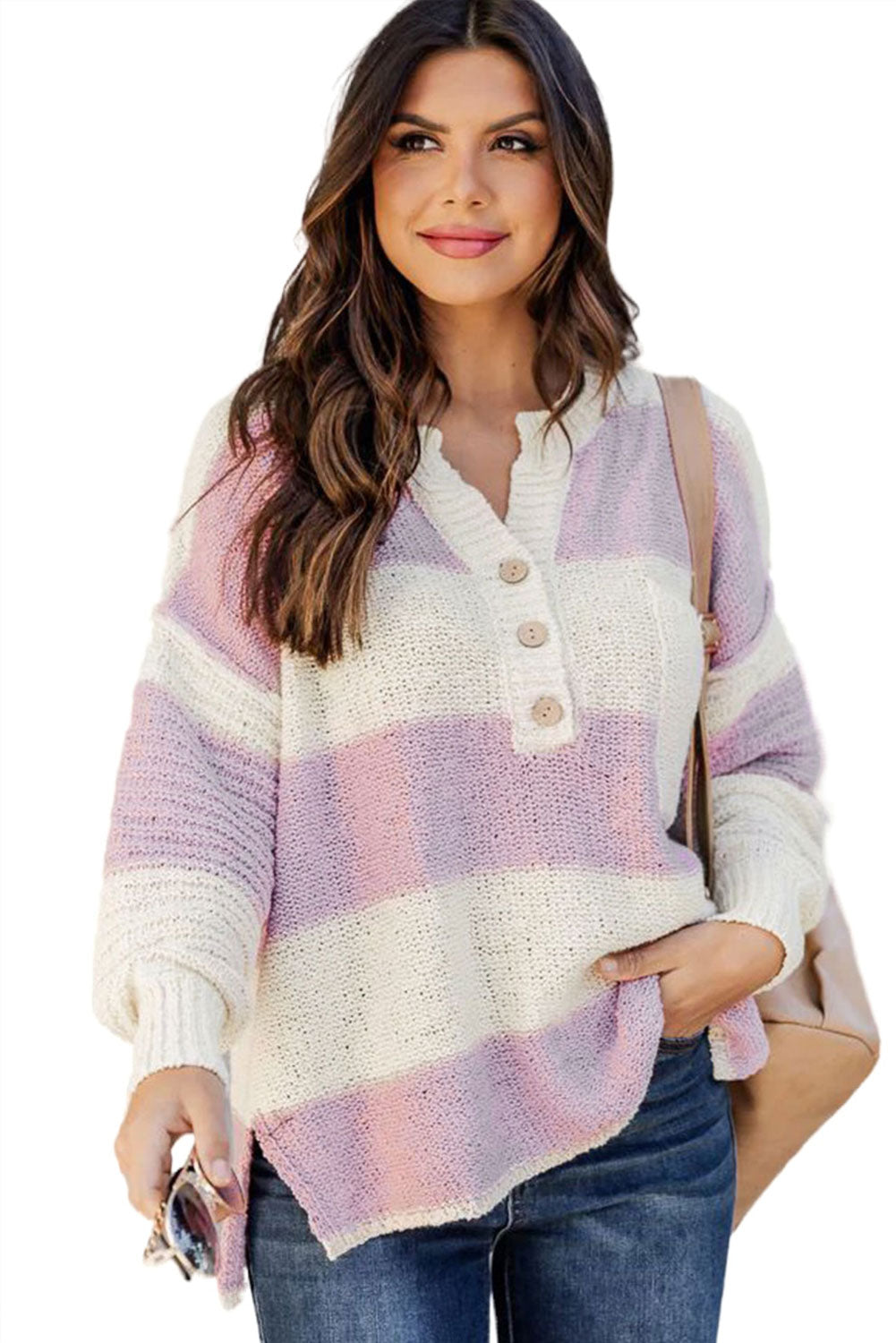 Pink Striped Strick Knopf Rippen geteiltes Nackenpullover