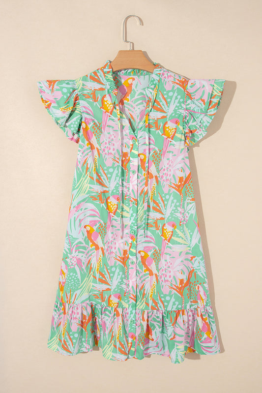 Green Abstract Floral Ruffled Flutter Sleeve Button-Down Dress