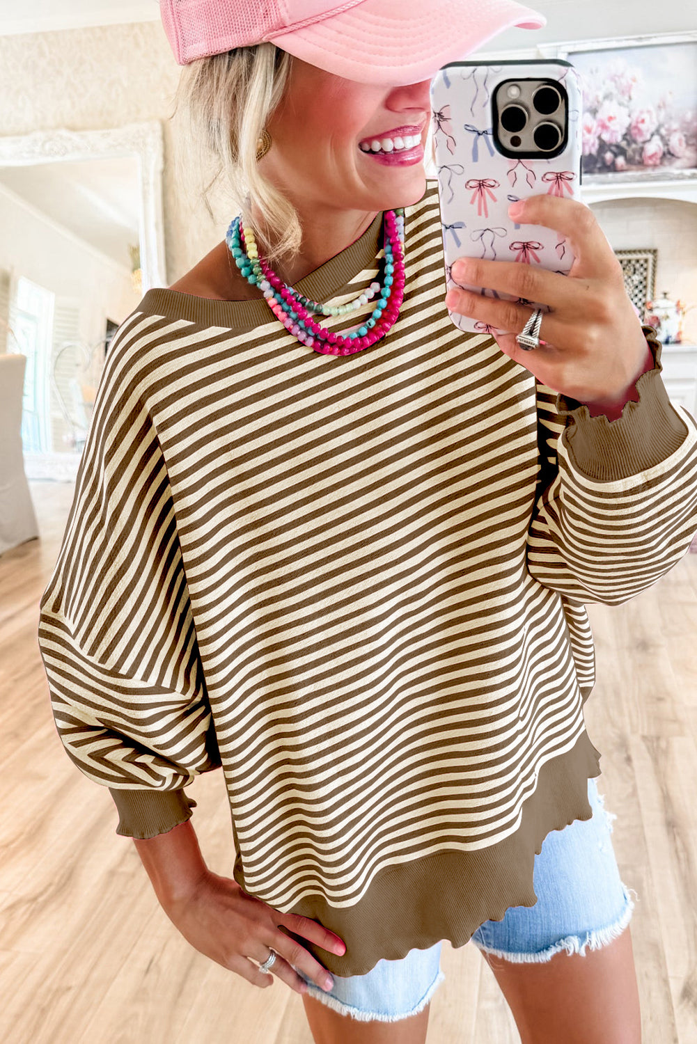 Brown Stripe Loose Drop Shoulder Long Sleeve Top