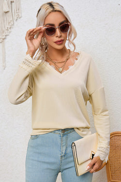 Apricot Ribbed Textured Long Sleeve V-Neck Top