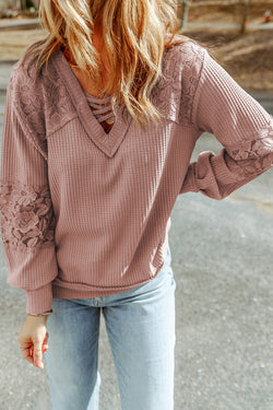 Long sleeve top and V -neck with pink lace lace straps