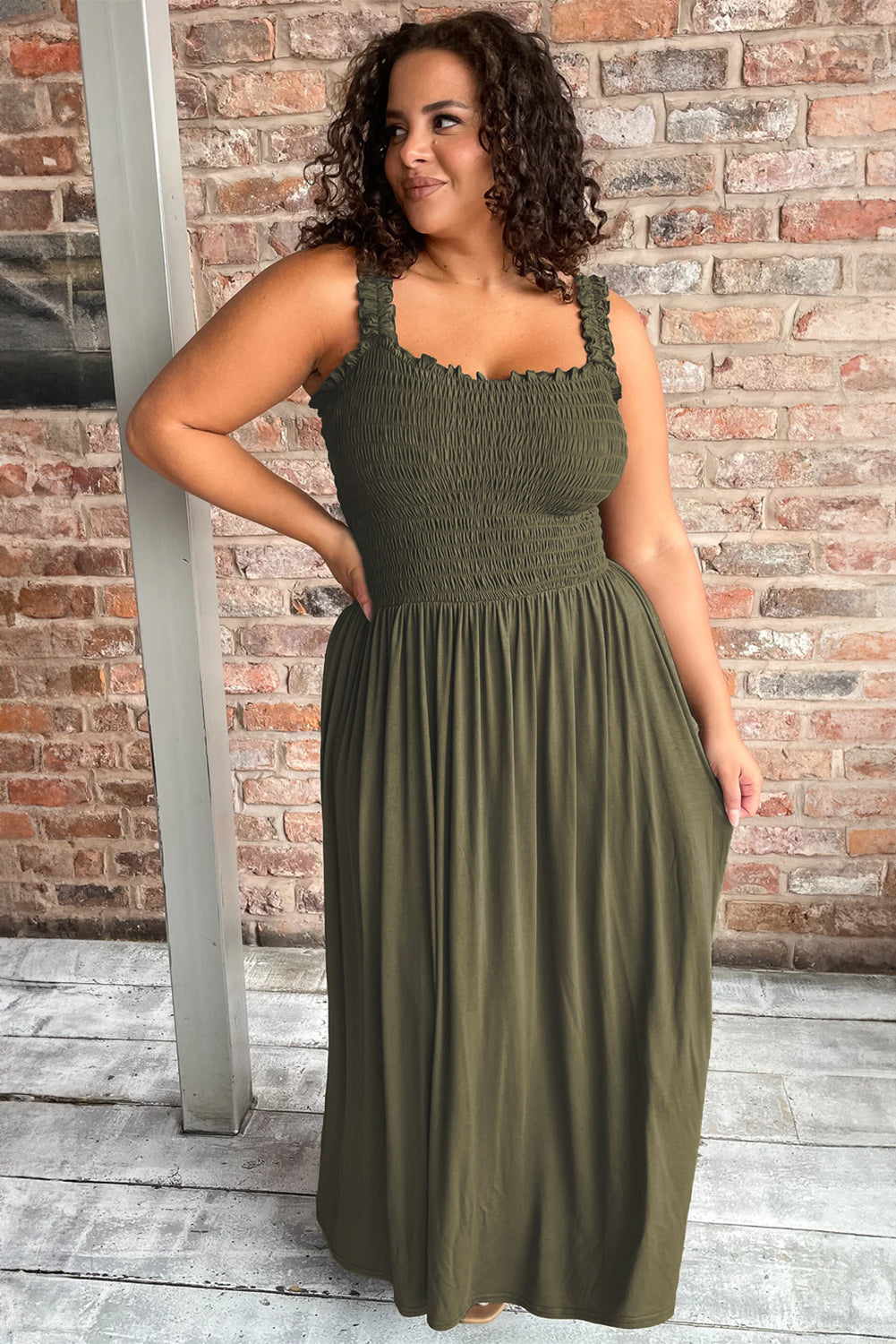 Jungle Green Shirred Bust sans manches plus taille maxi taille