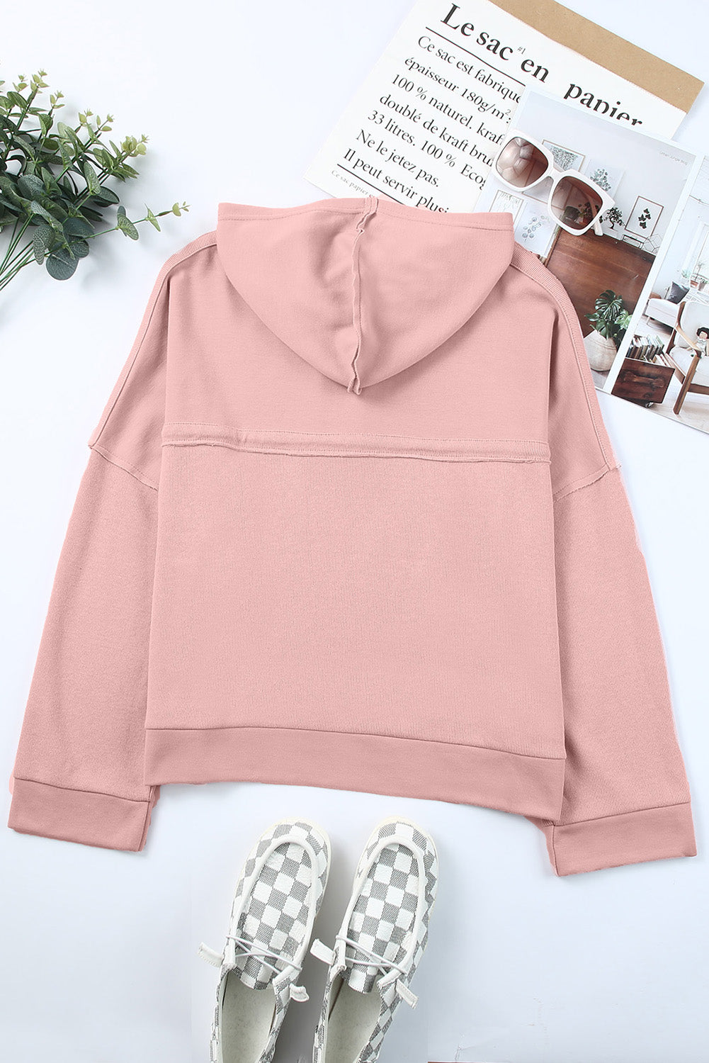 Pink Casual Button Solid Patchwork Trim Hoodie