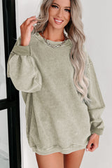 Solid Green Ribbed Knit Crew Neck Sweatshirt