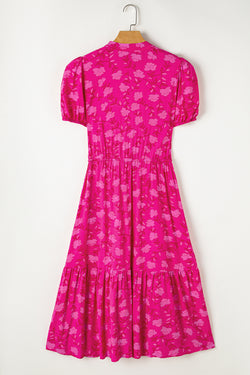 Mid-long pleated fluid dress with floral print and red tightening cord