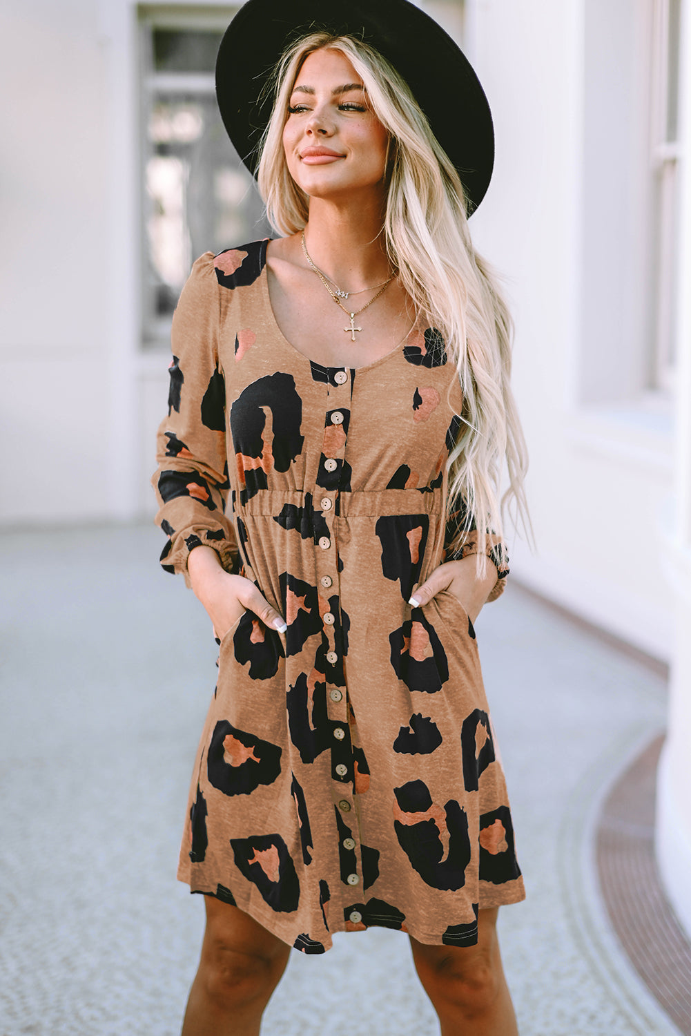 Leopard Print Button Front Puff Sleeve Loose Knit Dress