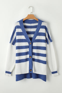 Cardigan pull haut bas boutonné à rayures bleues et col en V