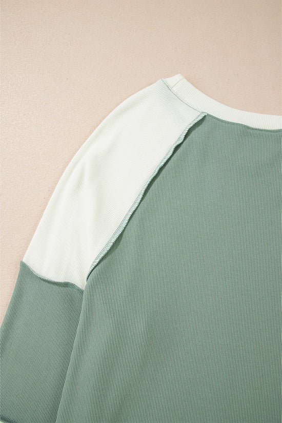 Mint Green Color Block Patchwork Ribbed Raglan Long Sleeve Top