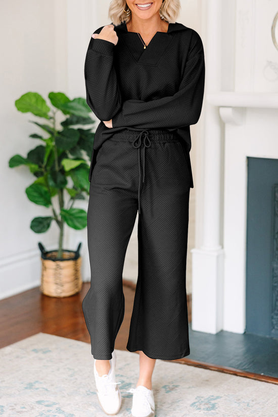 Black Textured Solid V-Neck Top and Wide Leg Pants Set